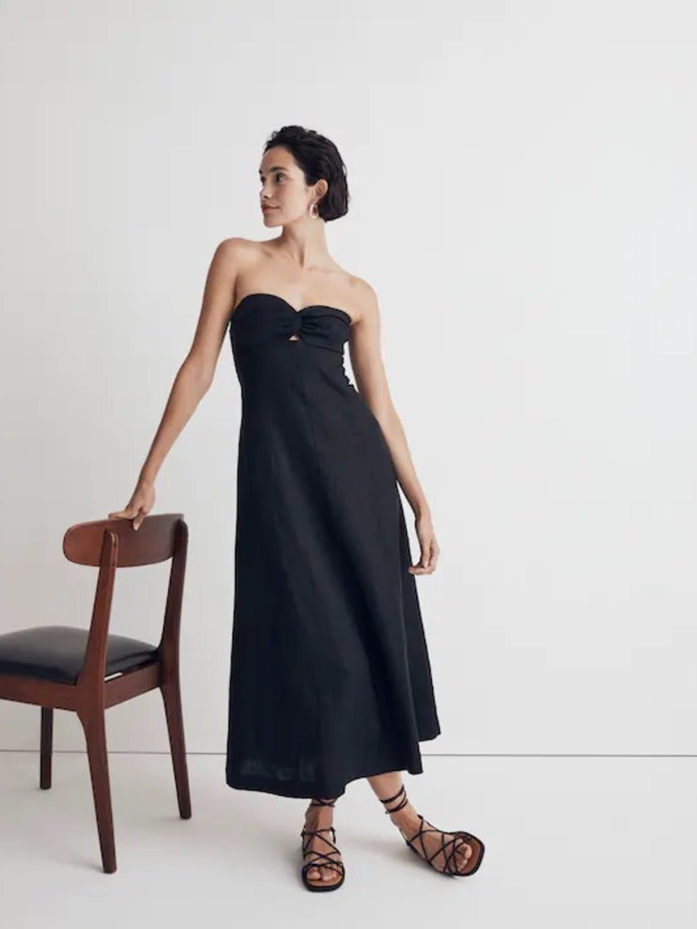 Madewell 100% Linen Cutout Strapless Midi Dress Black Size 10 NL086 $168 NWT